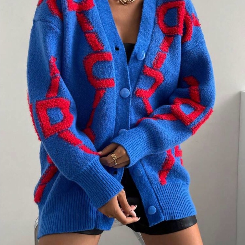 Letter Print Drop Shoulder Cardigan, Long Sleeve Top-Size XL